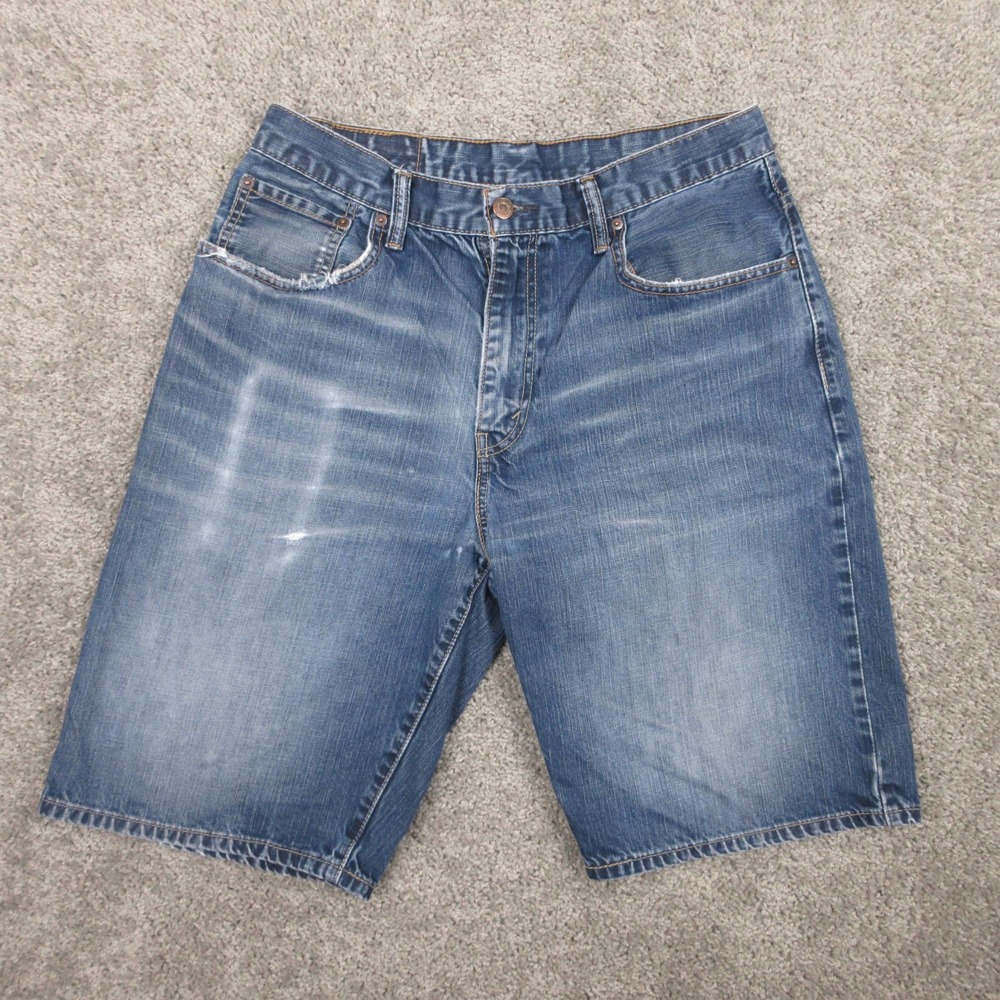 Levis Shorts Mens 33 Blue 569 Loose Baggy Jorts Jean Faded Whisker Distressed